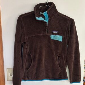 Patagonia Chocolate Fleece with Teal Trim Womens Small